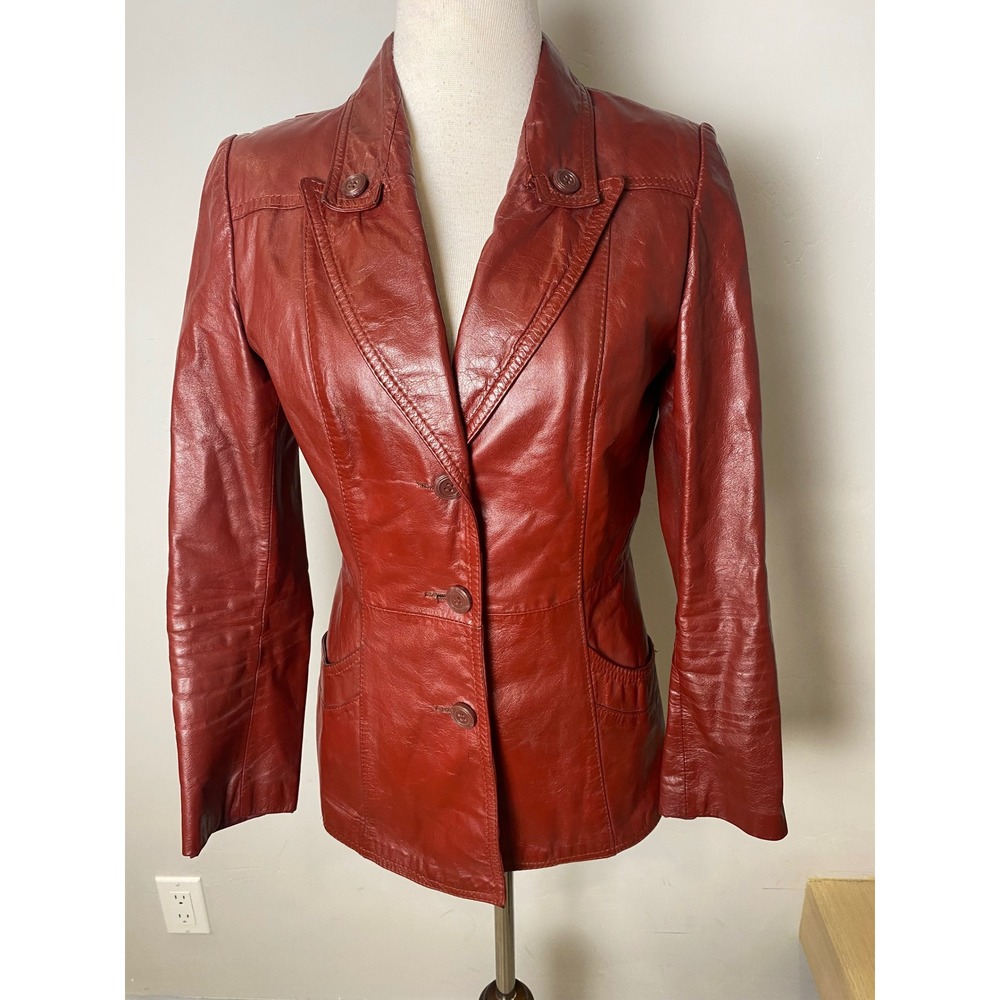 Vintage Opera 70s Red Leather Blazer Jacket Quilted Lining Size 9